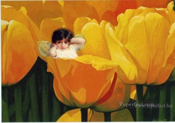 Ángel de hadas original Painting - Pequeña hada con flores amarillas hada original